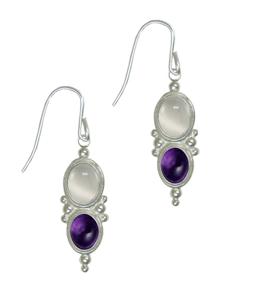 Sterling Silver White Moonstone And Amethyst Gemstone Drop Dangle Earrings